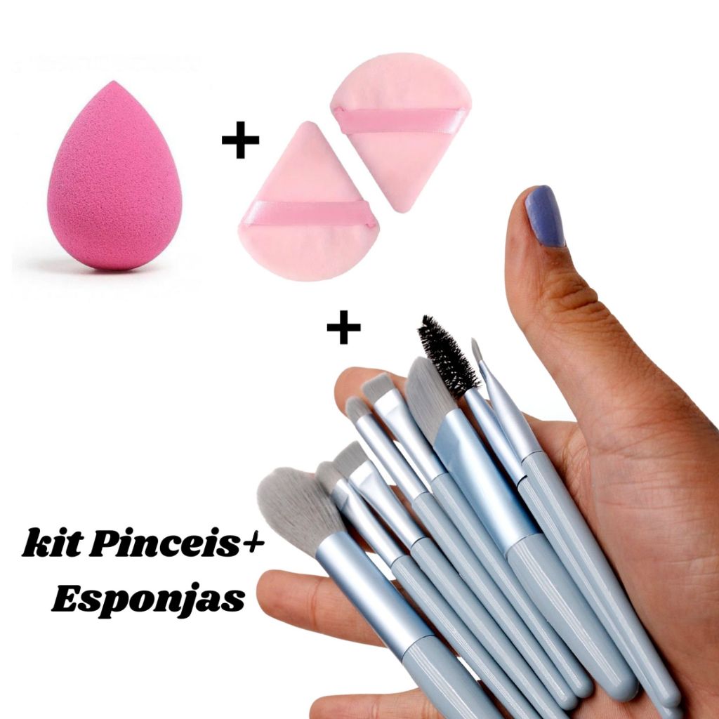 Kit com 8 Pinceis mais Três esponjas de Base Pó solto Blush e Contorno, Kit essencial de Maquiagem