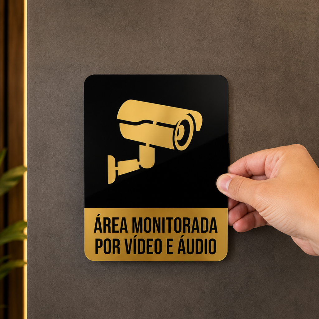 Placa de Sinalização Identificação Área Monitorada por Vídeo e Áudio Câmeras em Acrílico Indicativa