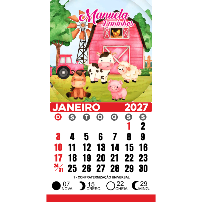 Mini Calendário 2027 Fazendinha Rosa Imã de geladeira  5x5 cm Calendário 5x5 cm total 10x5 cm  *sem embalagem i