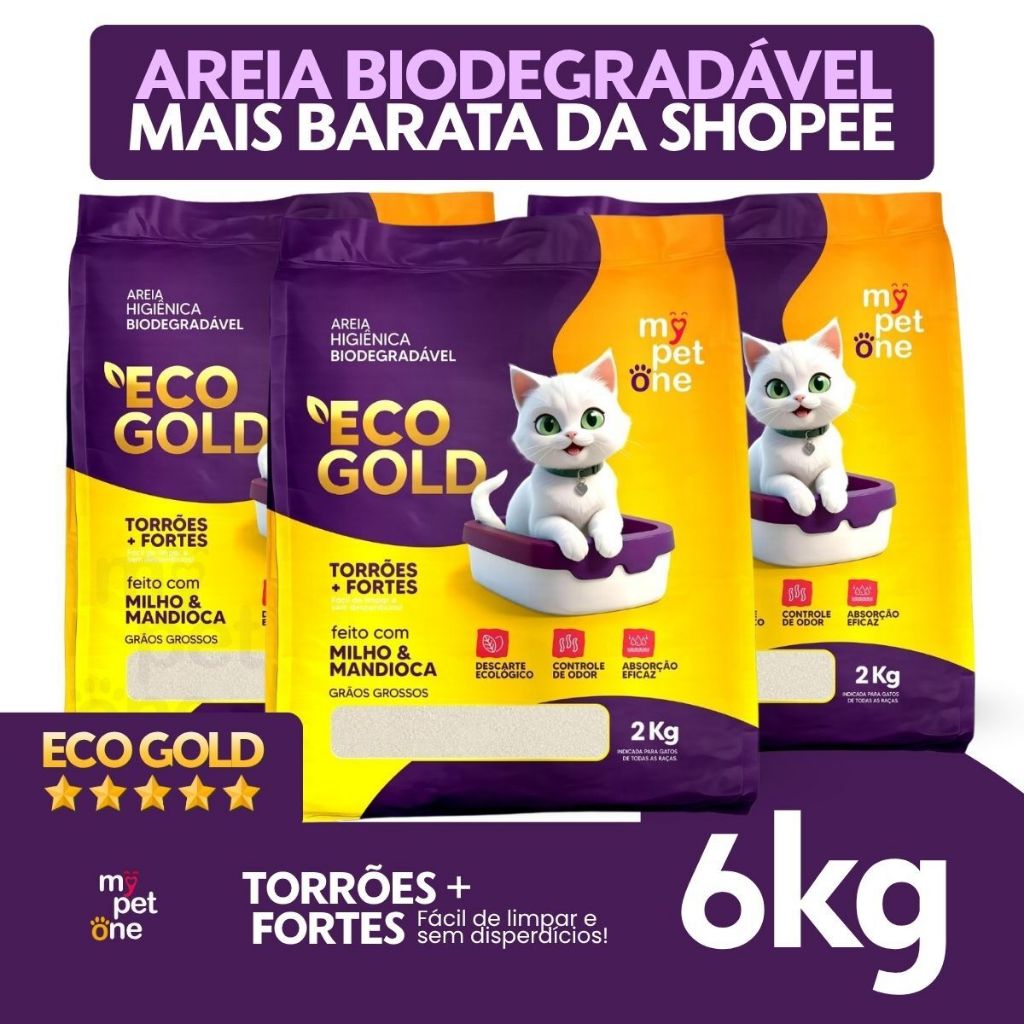 Kit 3 Areia Biodegradável Gatos Eco Gold Grossa MyPetOne 6kg