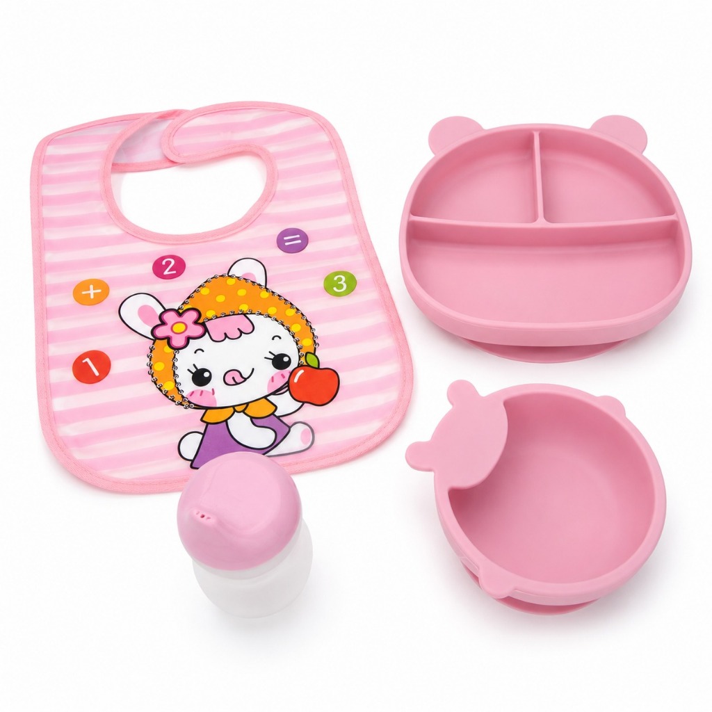 Kit Alimentação Infantil Rosa 4 Peças com Prato Ursinho de Silicone com Ventosa, 3 Divisórias, Tigela 300ml, Babador e C