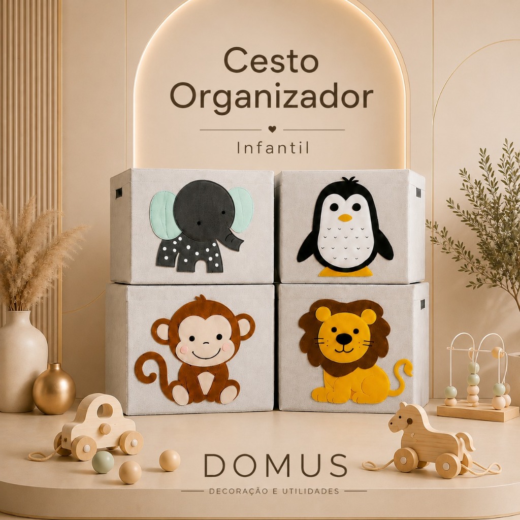 Organizador Cesto Multiuso Dobrável Brinquedos Roupa Infantil Animais Oval Quadrado Feltro