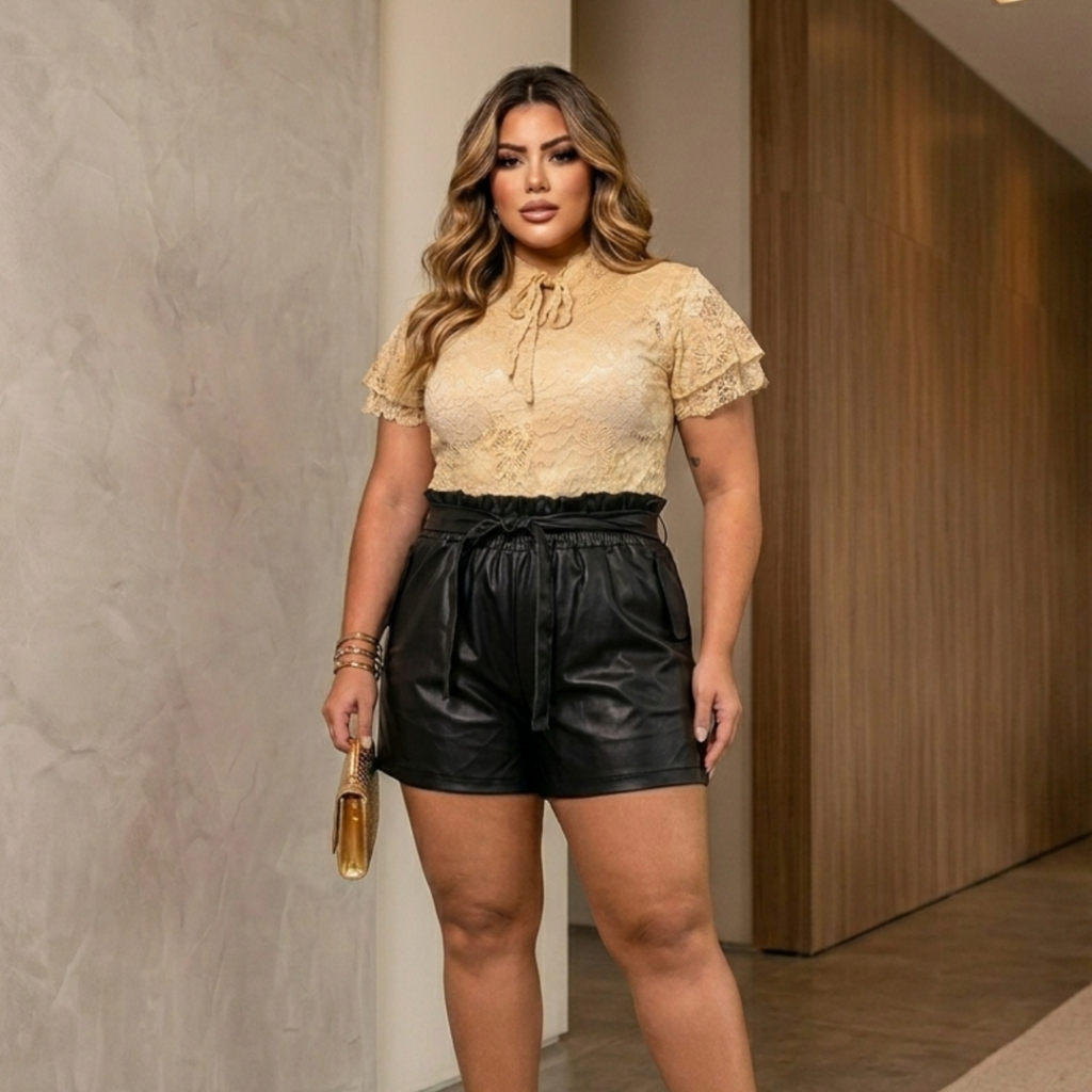Blusa Gravatinha em Renda Poliamida Premium com Elastano Manga Fluida Moda Plus Size Feminina
