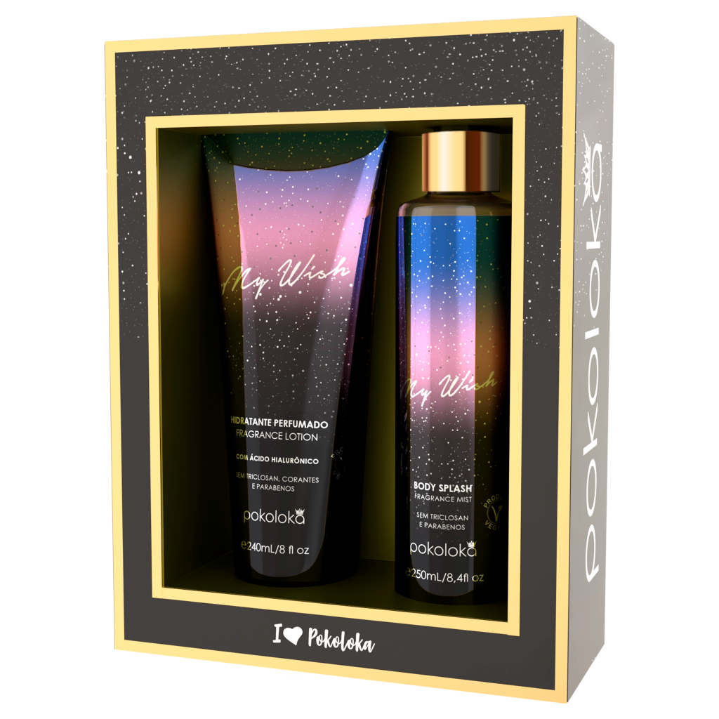 Kit Pokoloka Body Splash My Wish 250ml e Hidratante My Wish 240ml Textura Leve Rápida Absorção Kit Presenteável