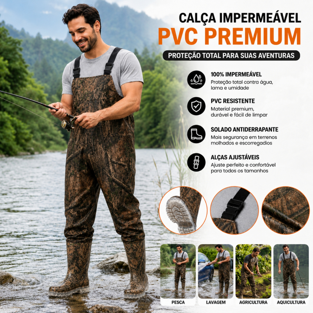 Jardineira Macacão Bota Acoplada Impermeável Camuflada Pesca Pantaneiro Capa Chuva Masculina