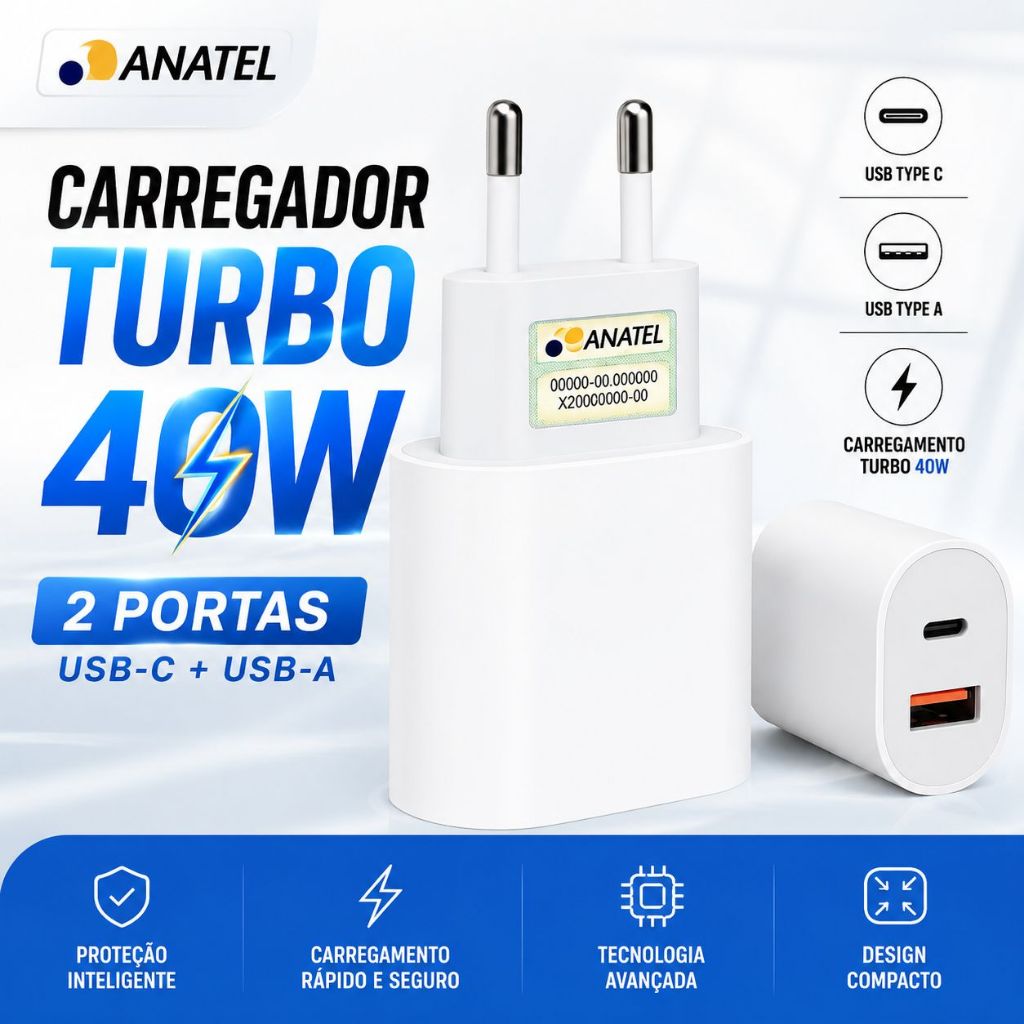 Carregador Turbo 40W 2 Portas iPhone Samsung Motorola Fonte USB-C e USB-A Rápido