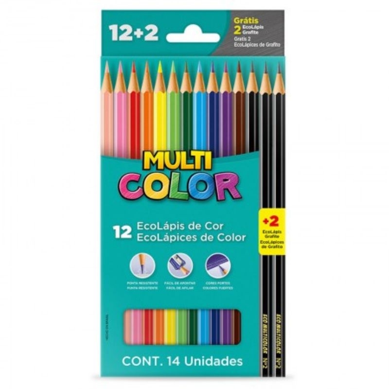 Kit Ecolápis de Cor Multicolor Super Faber-Castell 12 cores + 2 lápis, 14 unidades Escola Pitura