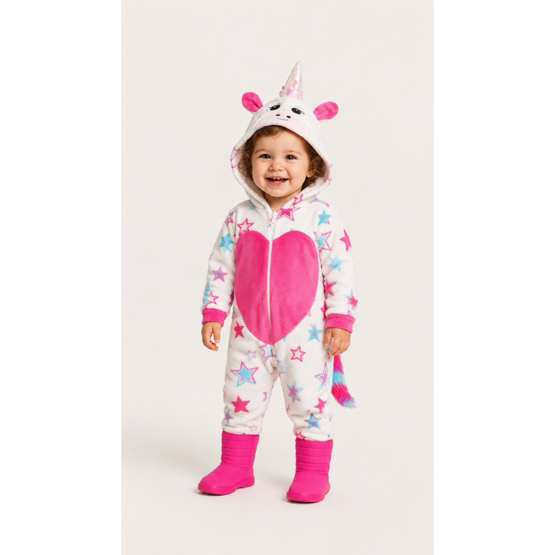 Macacão Fakini Kigurumi Unicórnio Infantil Pijama Fleece Capuz Menina