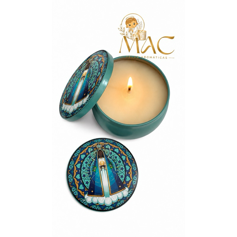 Vela na lata Vela aromática essência de bamboo com imagem de Nossa Senhora Aparecida - Verde