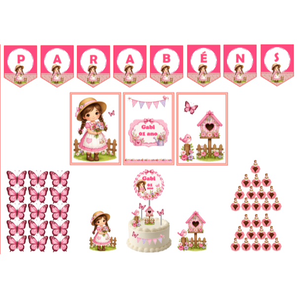 ENVIO RÁPIDO Kit Festa Menina Camponesa Personalizado | Topo Bolo | Borboleta | Jardim | Decoração