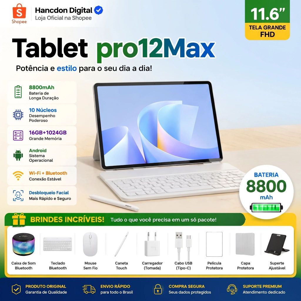 Hancdon Tablet PC Pro12Max 16GB+1024GB 11,6 polegadas Tablet Android TelaGrande Wifi 5G Dual SIM Dual StandbyTablet