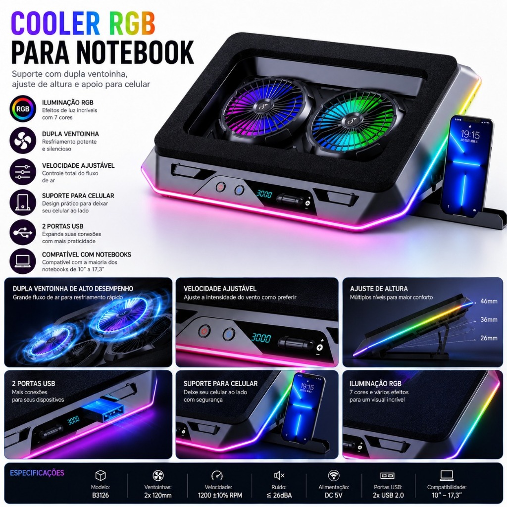 Suporte Gamer para Notebook Com 2 Coolers RGB Base Ajustável e Refrigeração Potente GG 3000rpm