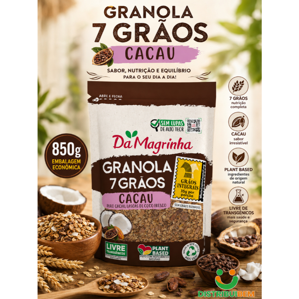 Granola 7 Grãos Cacau Da Magrinha 850g Plant Based Sem Transgênicos