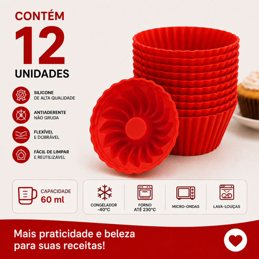 Kit 12 Forminhas Silicone Cupcake Muffin Reutilizável Antiaderente 60ml