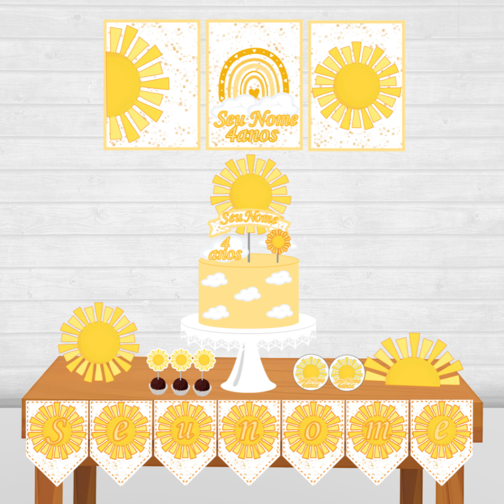 Kit Festa Primeira Volta ao Sol Amarelo personalizado/mesversário aniversário/ Lembrançinha 47 itens