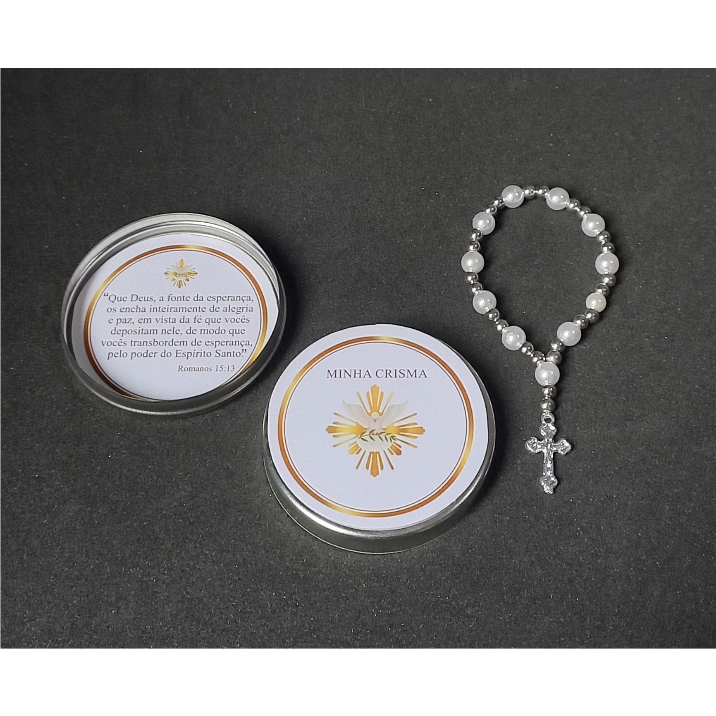 Lembrancinha Kit 10 Latinhas com Mini Terço Crisma (sem personalização)