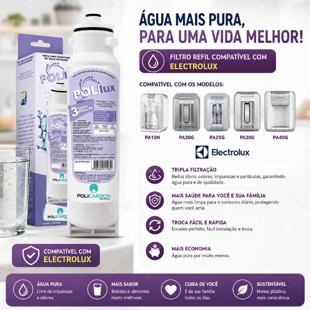 Filtro Refil Purificador Água Compatível Eletrolux PA10N, PA20G, PA25G, PA30G,PA40G Polilux