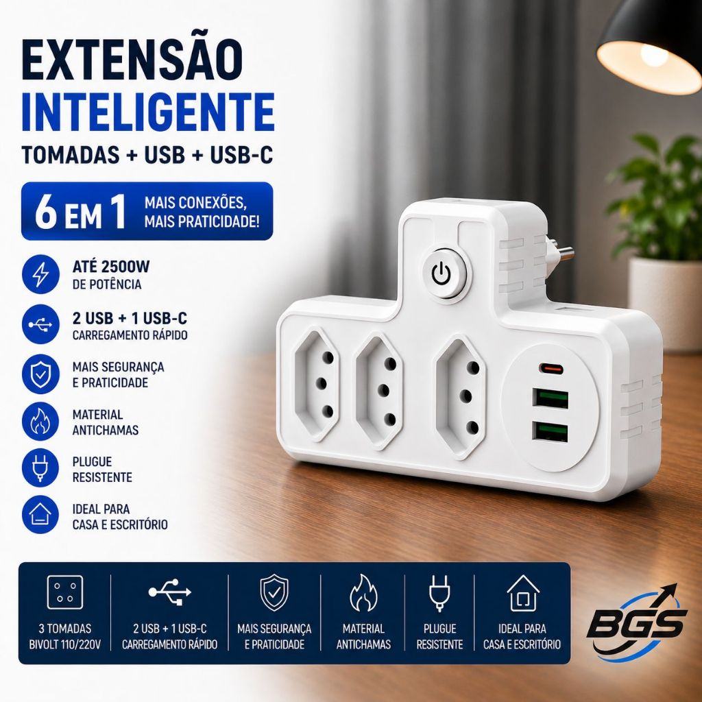 Adaptador Benjamin Tomada Extensao 6 Em 1 Universal 3 Entradas + 2 Usb + Tipo C Regua Filtro De Linha BGS 127/220v