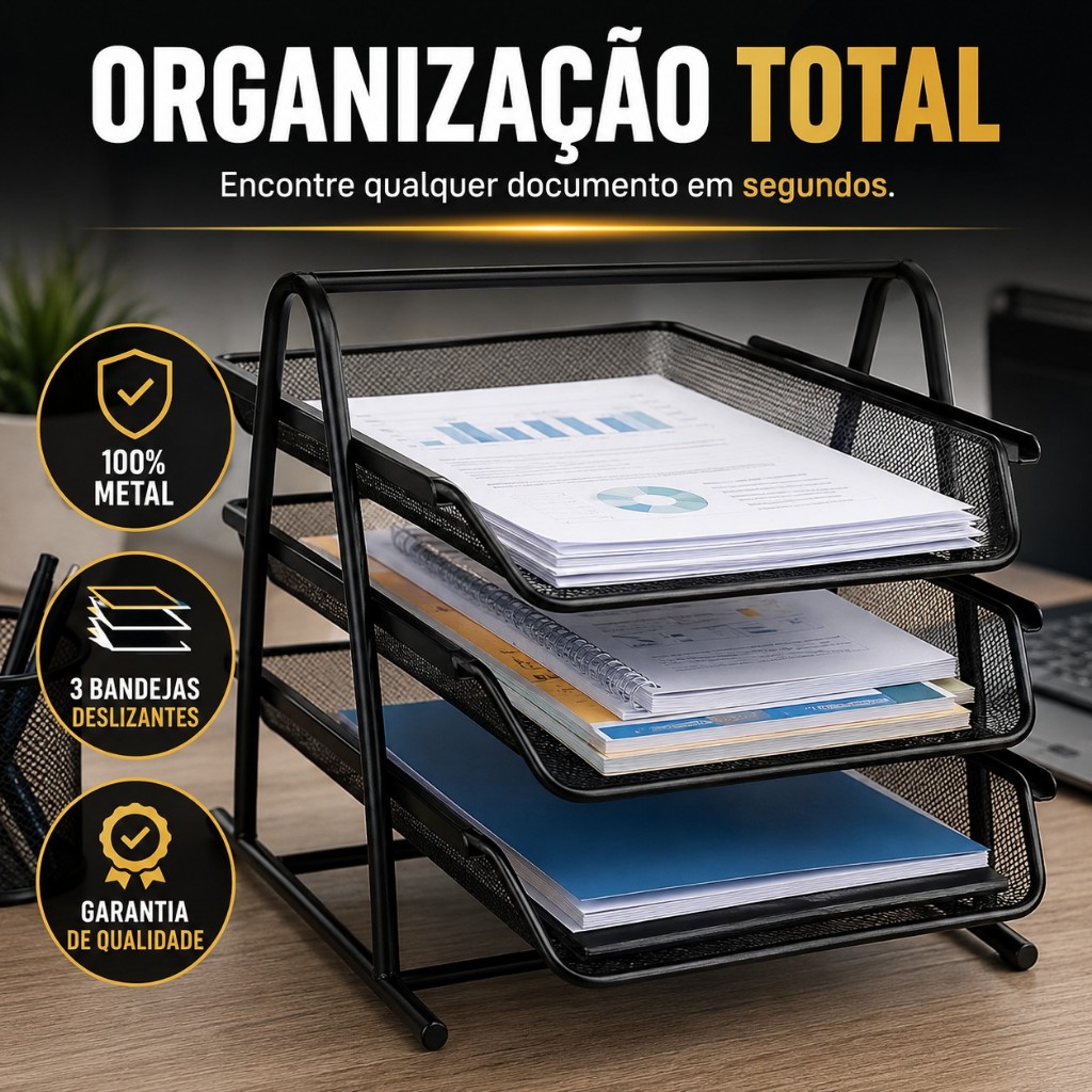 Organizador de Documentos A4 3 Bandejas Porta Papel Escritório Home Office Metal Preto
