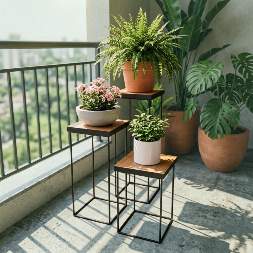 Floreira - Mesa Auxiliar Lateral Suporte Estilo Industrial em Aço e Madeira - Tamanhos variados