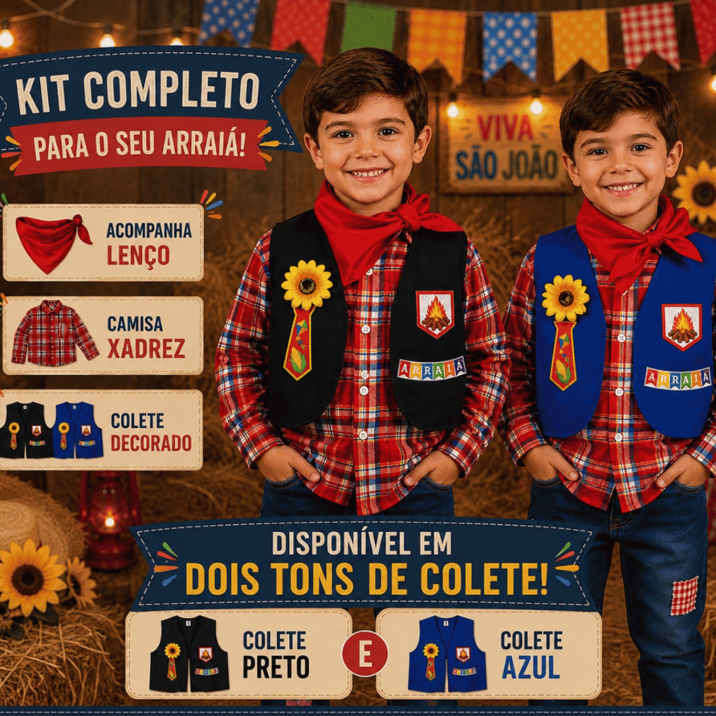 CAMISA XADREZ COM COLETE MENINO FESTA JUNINA 4 A 12 ANOS