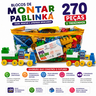 Blocos de Montar Infantil 270 Peças com Trenzinhos e Bolsa peças grandes