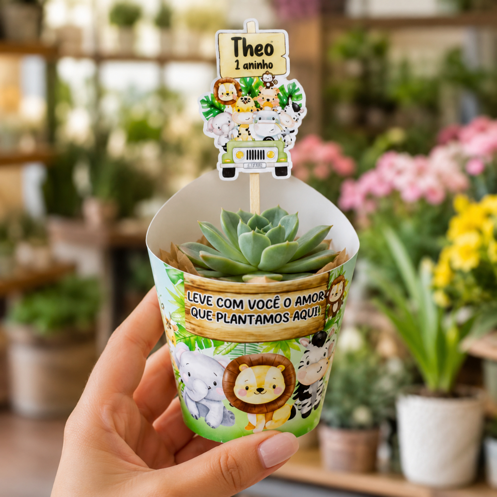 Rótulo e Tag Mini Suculenta Safari Aniversário Infantil Lembrancinha Personalizada