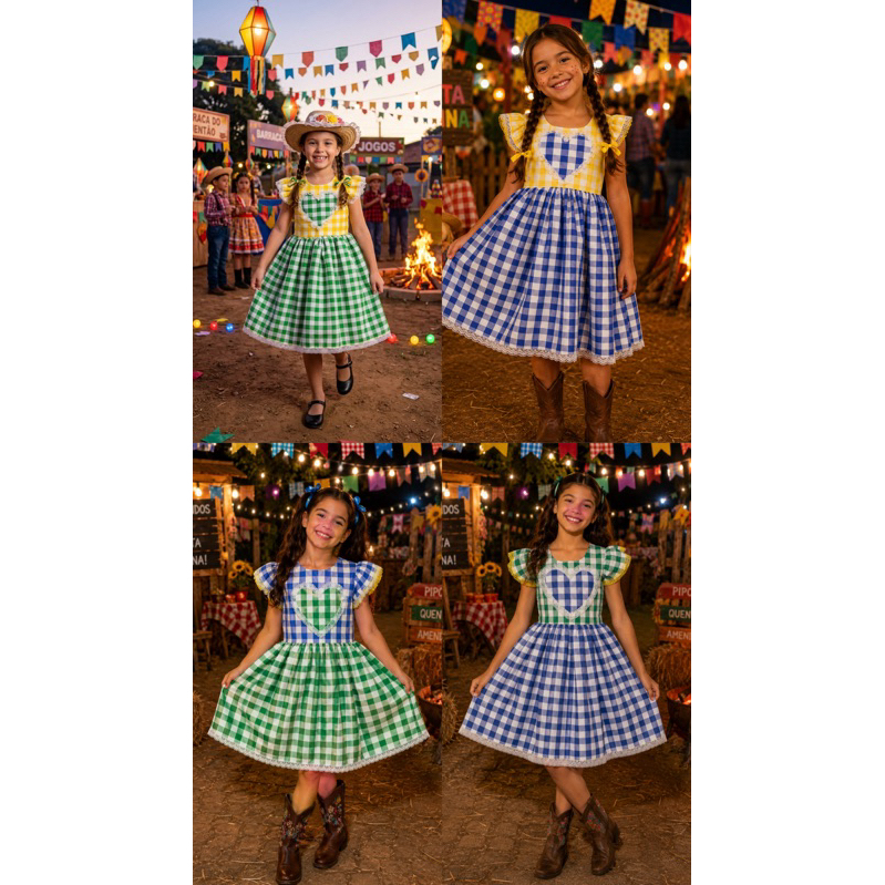 Vestido Festa Junina Infantil Luxo Brasil 🇧🇷 Rodado Com Laço Costas Em V + Fitas Coloridas | 1 a 10 Anos