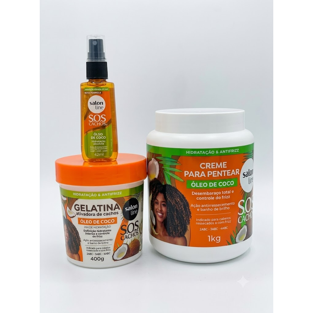 Kit Salon Line Óleo  Coco Cr para Pentear 1kg, Gelatina Ativadora de Cachos 400g, Óleo de Coco 42ml