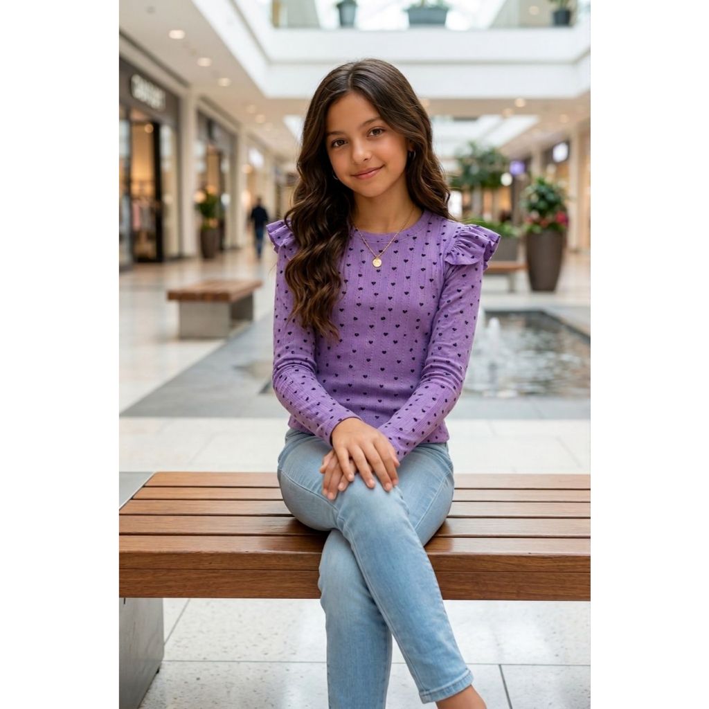 Blusa Feminina Infantil Coração Com Ombro Franzido e Manga Longa Ribana Confortavel Premium