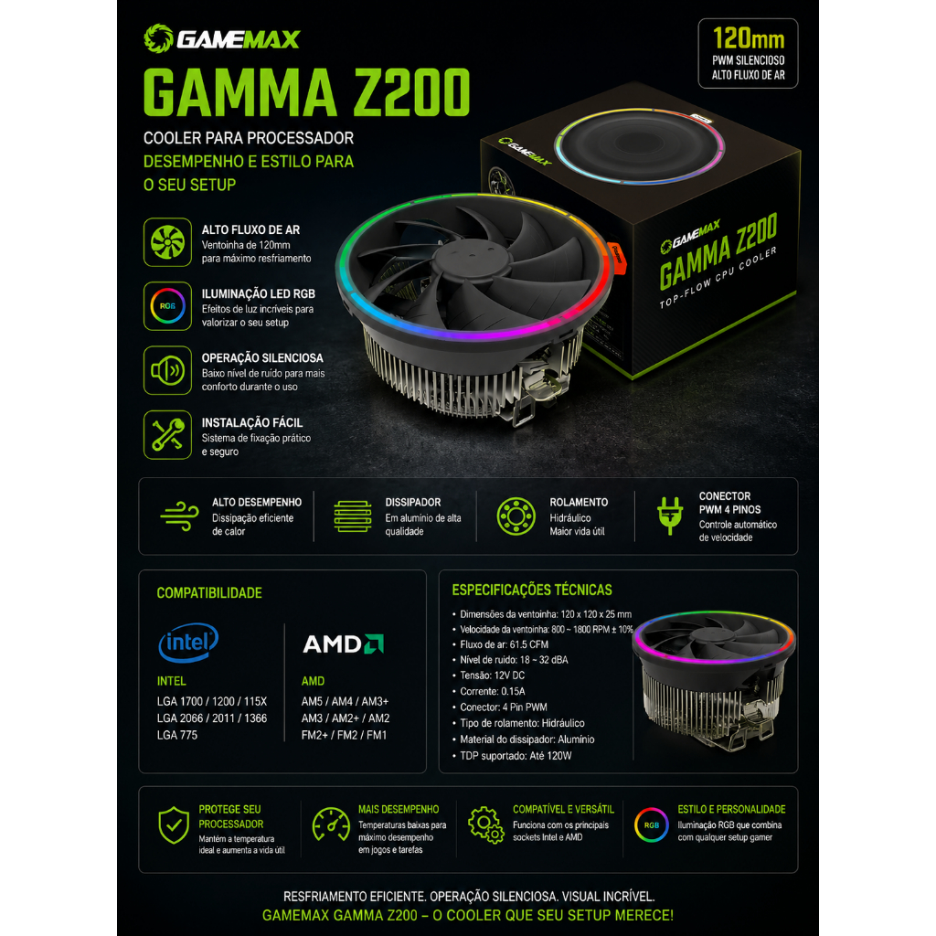 Cooler para Processador Gamemax Gamma Z200 RGB 120mm PWM – Intel e AMD