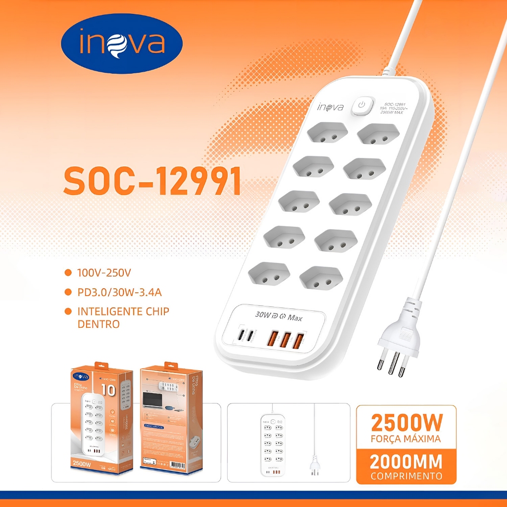 Régua Filtro de Linha com 10 Tomadas Extensão Elétrica 5 USB Bivolt 10A 110v/220v Cabo de 2 Metros Seguro e confiável