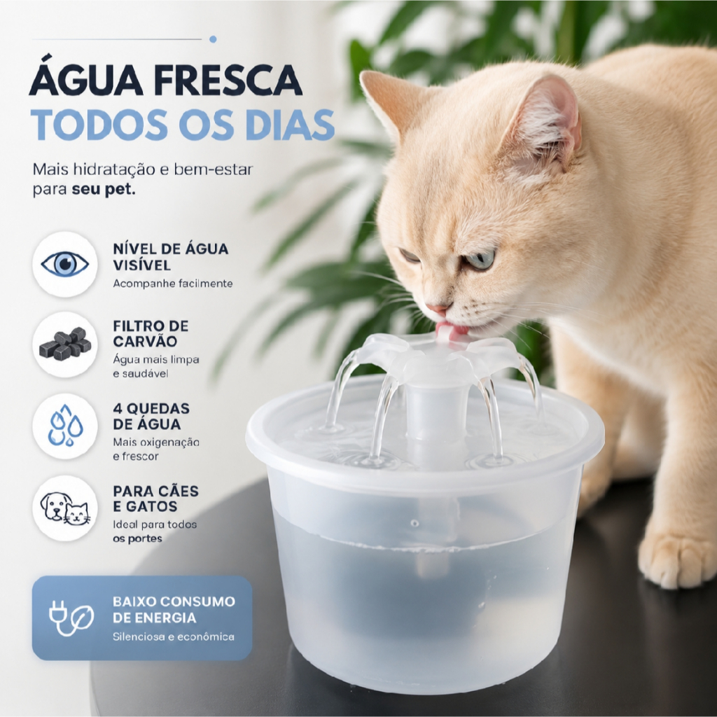 FONTE BEBEDOURO TRANSPARENTE PARA GATOS E CÃES COM FILTRO DE CARVÃO ATIVADO