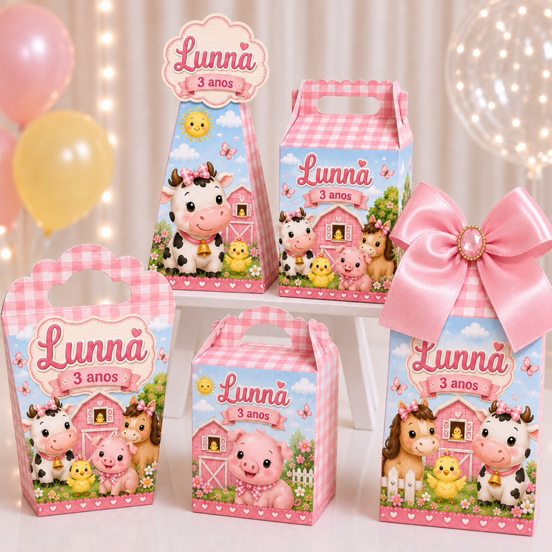 Kit Personalizados caixas Festa FAZENDINHA ROSA MENINA Caixinha Aniversário Lembrancinha Pegue Monte