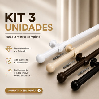 Kit 3 Unidades de Varão 2,00 Metros para Cortina de 19mm Completo