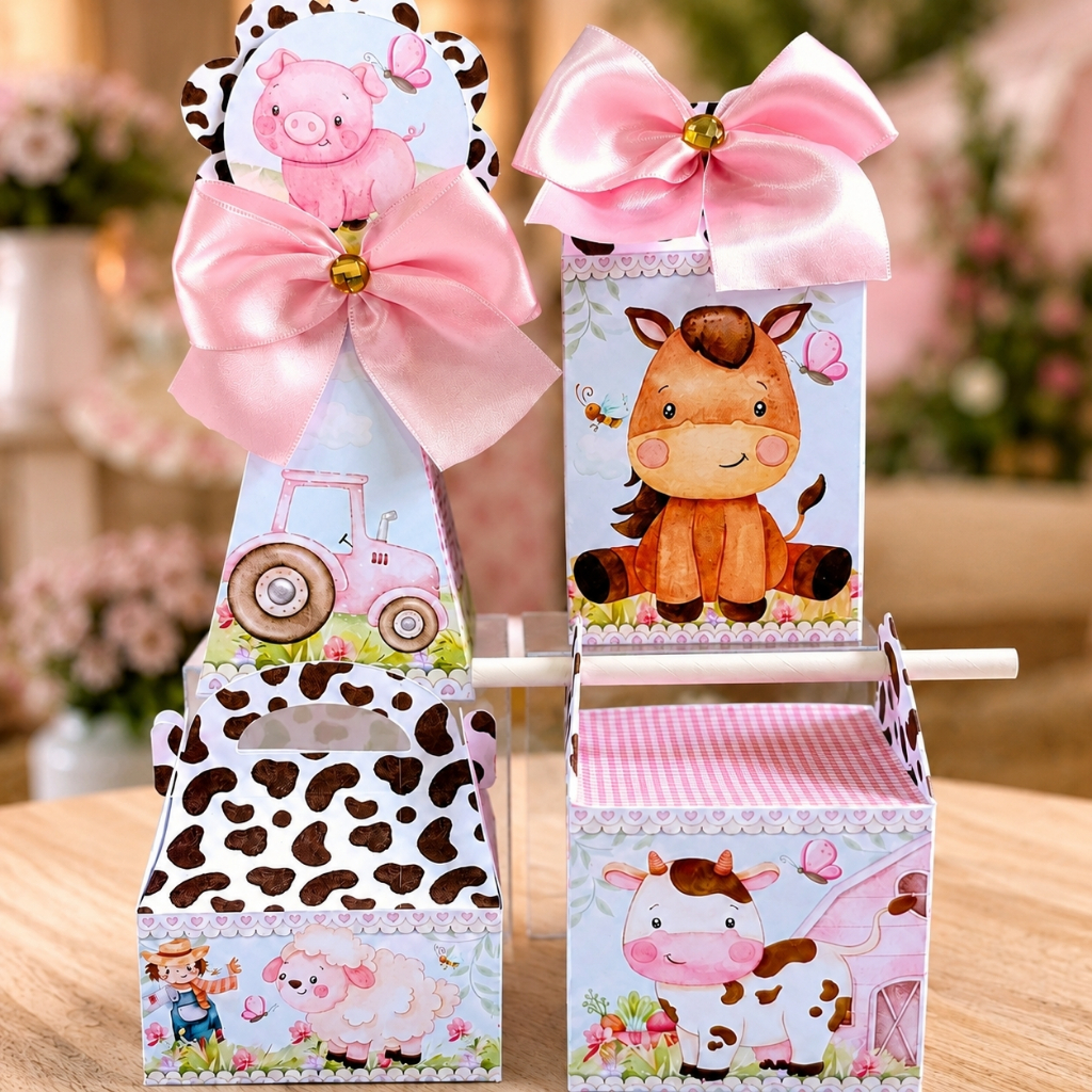 Kit Caixas Personalizadas Fazendinha menina rosa | Lembrancinhas Festa | Kit festa Fazendinha Rosa | Caixas lembrancinha