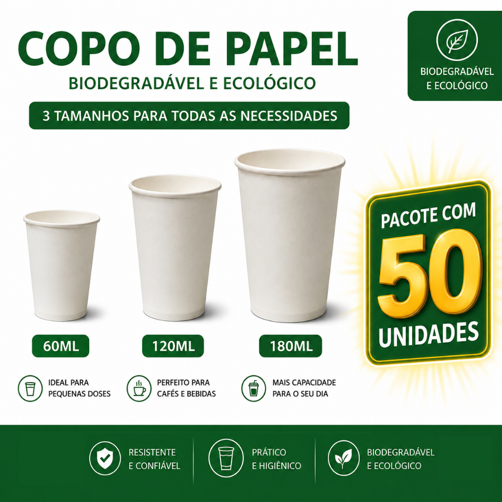 Copo de Papel Ecológico | 50 unid | 3 Tamanhos para Café, Água e Chá