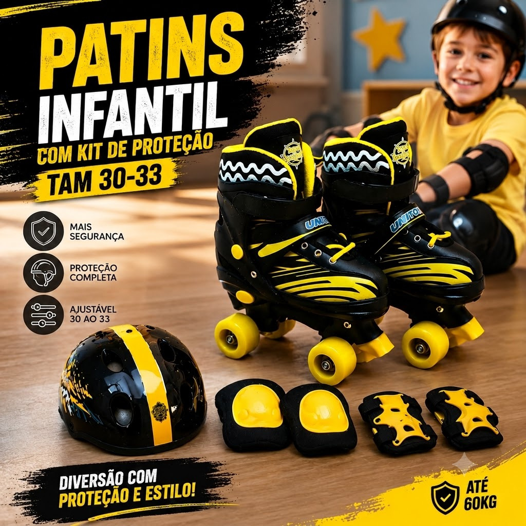 Patins Infantil com Kit de Proteção tam 30-33- Preta e amarela Unissex Completo Segurança