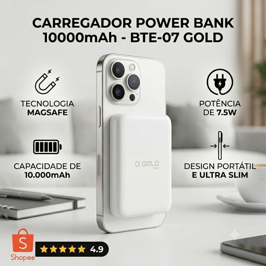 Carregador Portatil Power Bank Magsafe 10000mah Indução Sem Fio Magnético Para iPhone Samsung A'Gold BTE-07 Original