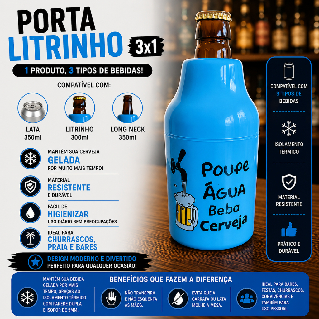 Porta Garrafa Litrinho 300ml Suporte Cerveja Térmico Lata 350ml e Long Neck