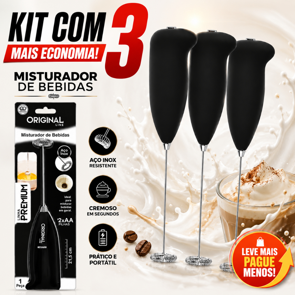 Misturador de Bebidas Elétrico Espumador de Leite Cafe Inox 21cm