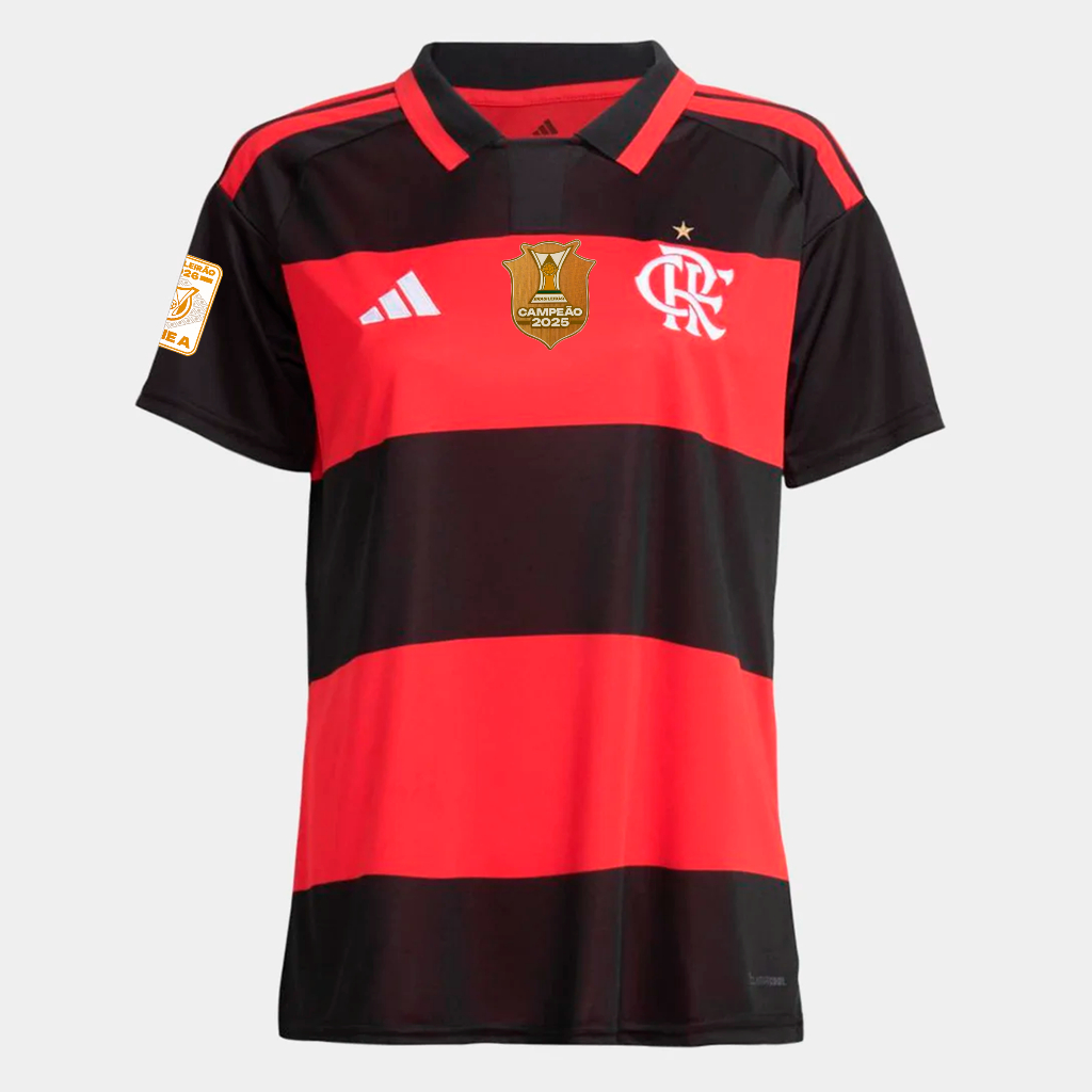 Manto Flamengo Feminina Jogo 1 Adidas 2026 +  Kit Patchs Campeão Brasileirão 2025
