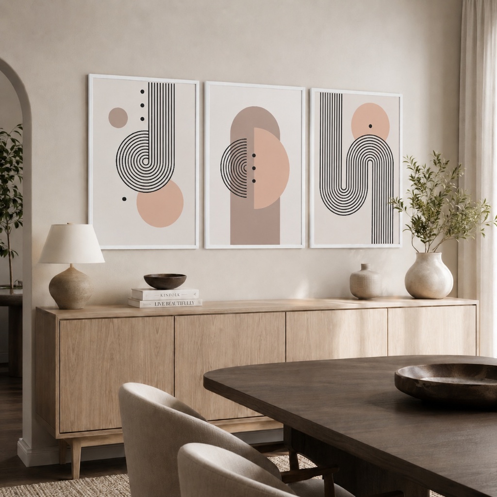 3 Quadros Decorativos Geometricos Elegância Curvilínea com Moldura Sala Quarto Escritorio