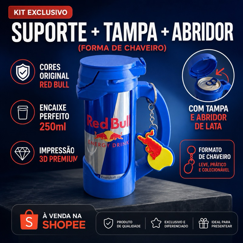 TÍTULO  Suporte para Lata com Tampa Flip Top + Chaveiro Abridor | Impressão 3D Premium | Kit Completo Redbull