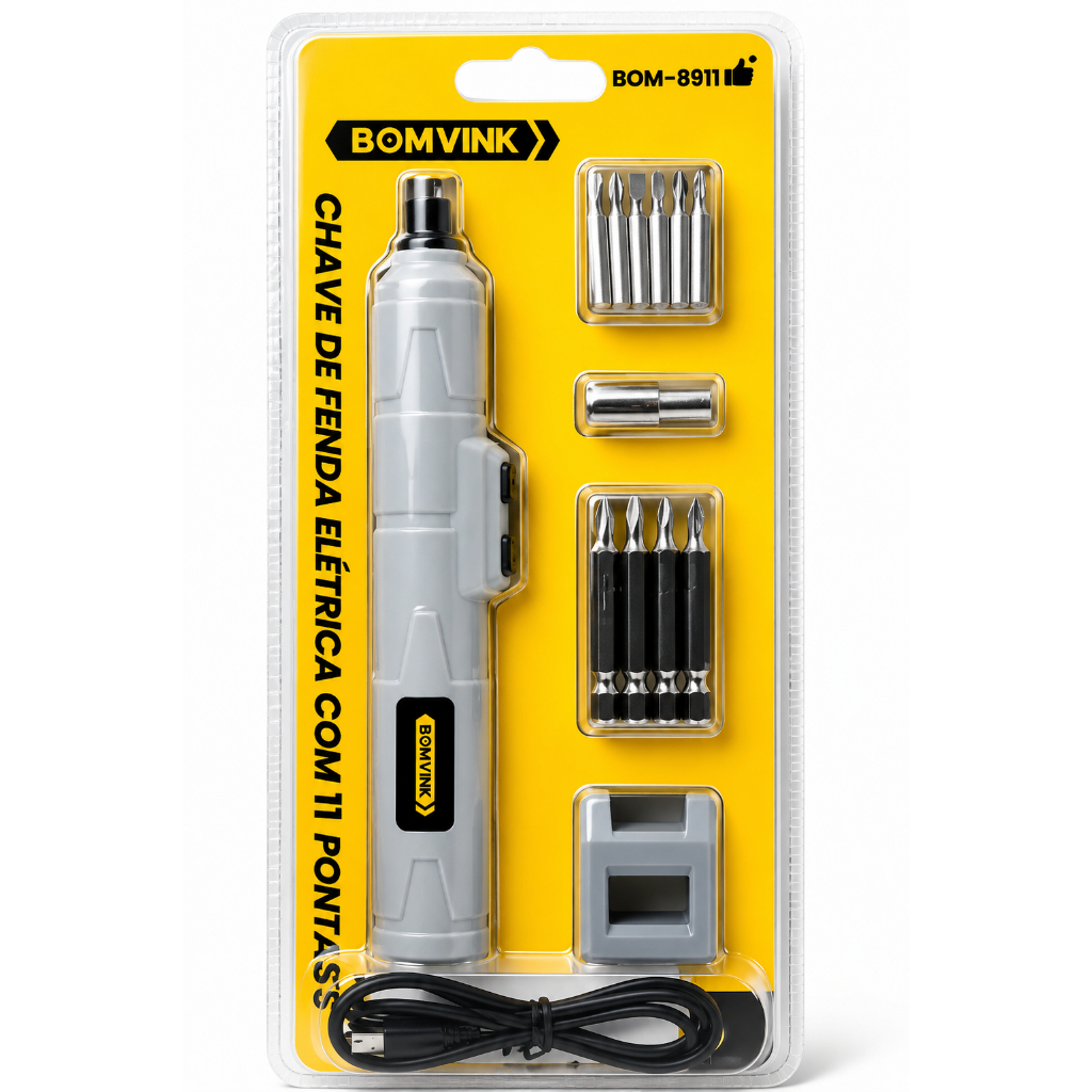 Chave de Fenda Elétrica Recarregável BOMVINK BOM-9911 com 12 Bits | 3.6V | USB| Ideal para Eletrônicos e Pequenos Reparo