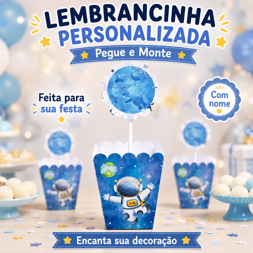 Centro de Mesa Cachepô Personalizado Astronauta Menino Festa Infantil, Lembrancinha Criativa