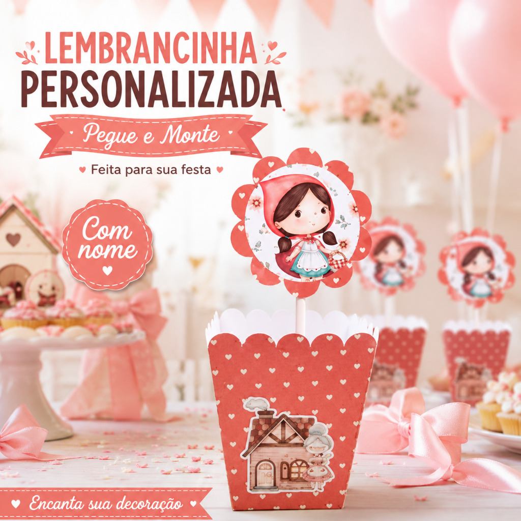 Centro de Mesa Cachepô Personalizado Chapeuzinho Vermelho Festa Infantil, Lembrancinha Criativa, PEGUE E MONTE