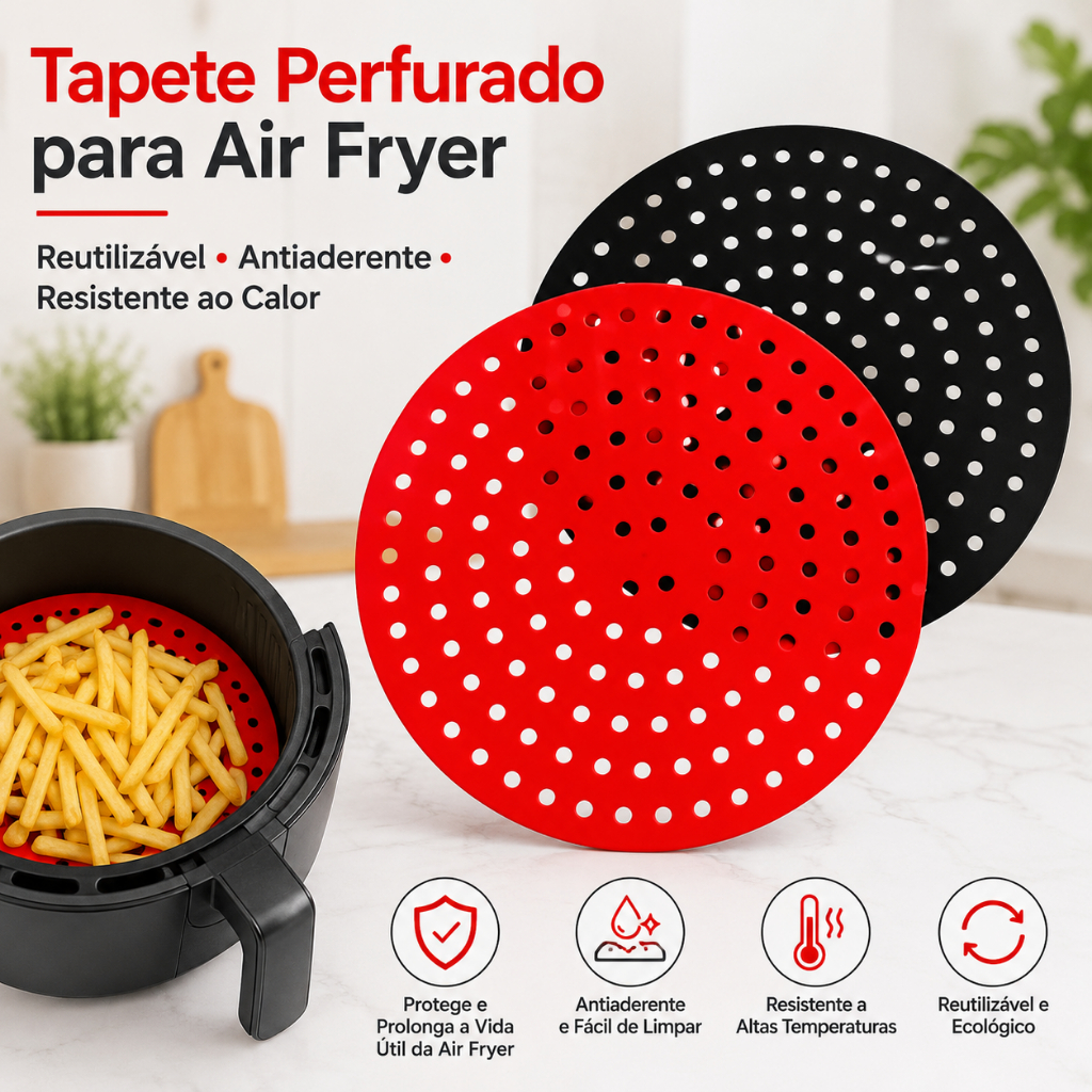 Tapete Silicone Air Fryer 20cm Redondo Perfurado Antiaderente Reutilizável Protetor Cesto