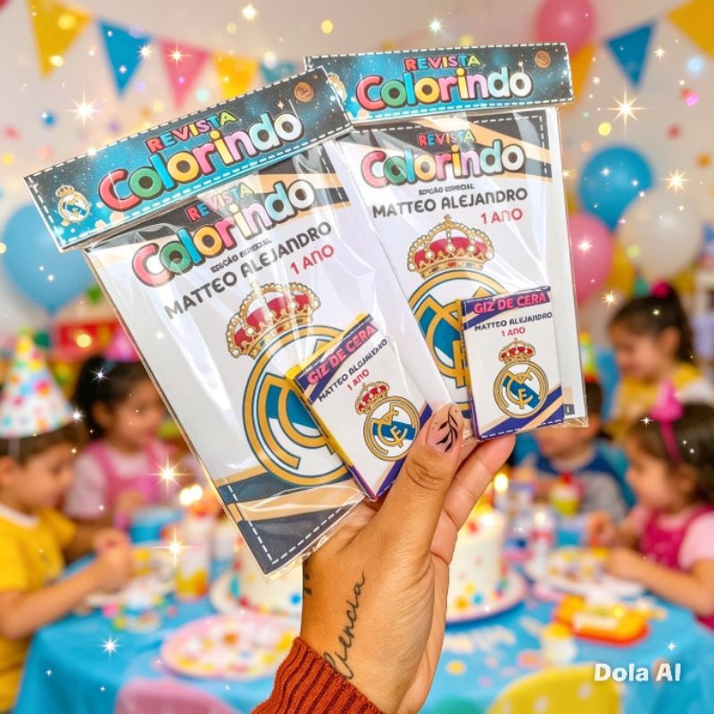 Kit Colorir Festa Real Madrid 10x15cm| Revista + Giz | Lembrancinhas Aniversário Personalizadas