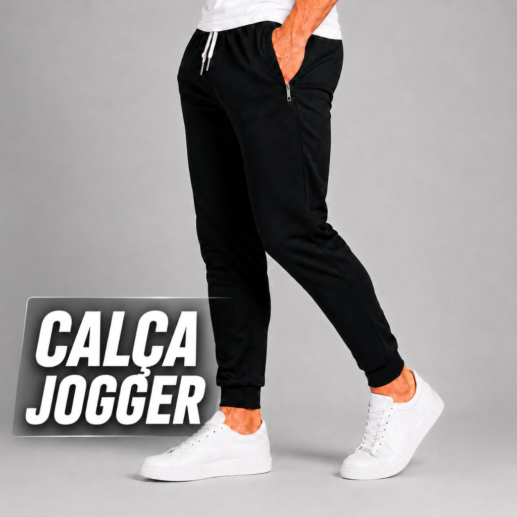 Calça Jogger Preta Masculina Chimpa Flanelada Frio Moletom Inverno Punho Ribana Dois Bolsos Zíper